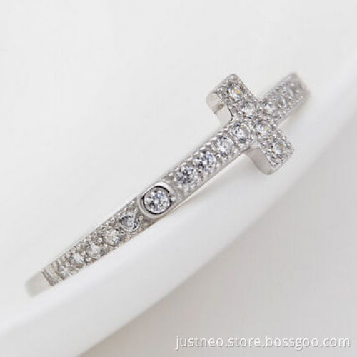 Cubic zirconia rings, sterling silver ring with cross decor for women